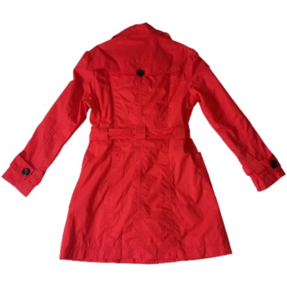 Size 12 Red Mid Thigh Length Belted Trench Coat - Picture 8 of 10